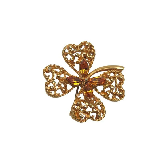 Orange Crystal Rhinestone Flower Open Work Brooch Pin Gold Tone Vintage - Picture 2 of 4